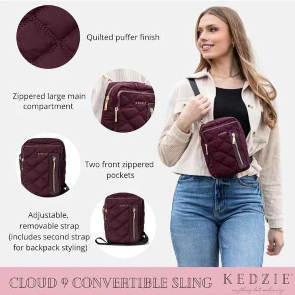 KEDZIE Cloud 9 Quilted Puffer Convertible Sling Bag (Black)2-Inch Bag Strap NWOT - Picture 3 of 12